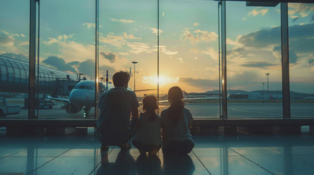 A family sitting in an airport terminal watching a plane take off, AIの素材