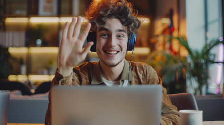 A man with headphones and a laptop sitting in front of him, AIの素材