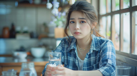 A woman sitting at a table with her hand on the glass, AIの素材