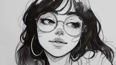 A drawing of a woman with glasses and long hair, AIの素材