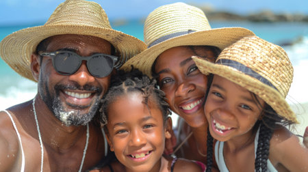 A family of three people wearing hats and sunglasses on the beach, AIの素材