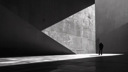 A man standing in a large empty room with the sun shining through, AIの素材