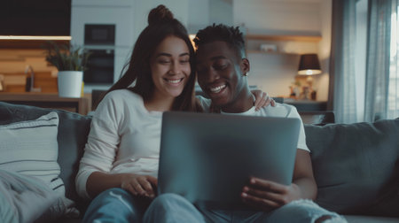 A man and woman sitting on a couch looking at something, AIの素材