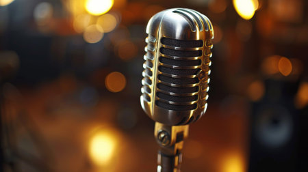 A close up of a microphone on top of some blurry lights, AIの素材