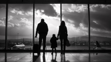 A family is standing in front of an airport window with luggage, AIの素材
