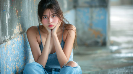 A woman sitting on the ground with her hands in front of her, AIの素材