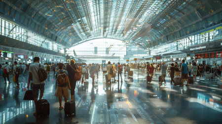 A group of people with luggage walking through an airport terminal, AIの素材