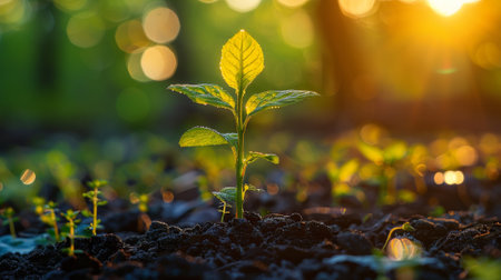 A small plant growing in the dirt with sunlight shining through, AIの素材