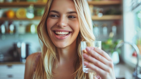 A woman holding a glass of water and smiling, AIの素材