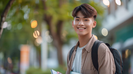 A young man with backpack smiling while holding a folder, AIの素材