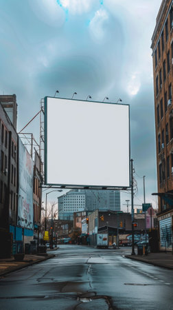A large billboard is on a street in the middle of an empty city, AIの素材