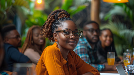 A woman with glasses sitting at a table in front of other people, AIの素材