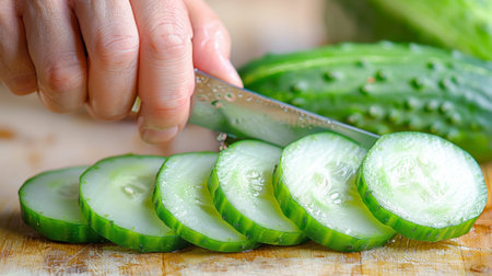 A person cutting cucumbers into slices with a knife on top of the table, AIの素材