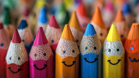 A row of colored pencils with faces drawn on them, AIの素材