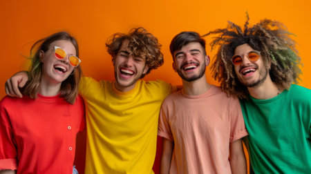 A group of people standing next to each other smiling, AIの素材