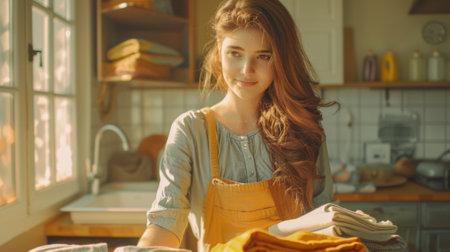 A woman in a kitchen with laundry on the counter, AIの素材