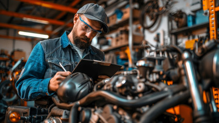 A man in a blue shirt and black hat working on motorcycle, AIの素材