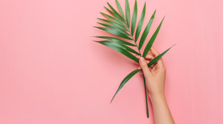 A hand holding a palm leaf on pink background, AIの素材