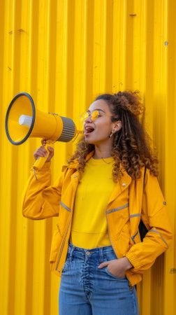 A woman in yellow jacket and jeans holding a megaphone, AIの素材