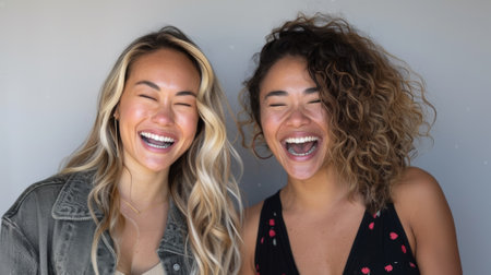 Two women are laughing and smiling at the camera, AIの素材