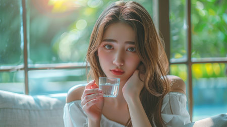 A woman sitting on a couch holding up her glass of water, AIの素材