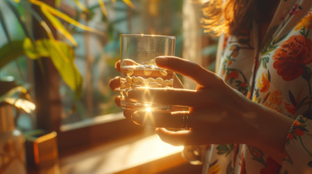 A person holding a glass of water with pills in it, AIの素材