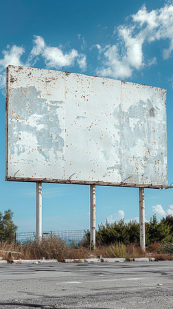 A large white billboard sitting on a street corner with clouds in the sky, AIの素材