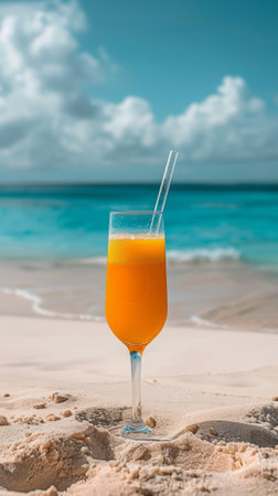 A glass of a drink sitting on the beach with sand, AIの素材