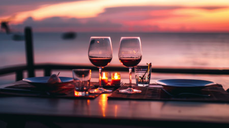 Two wine glasses on a table with candles and food, AIの素材