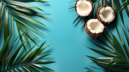 Coconut halves and palm leaves on a blue background, AIの素材