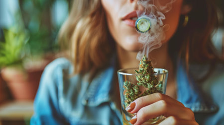 A woman smoking a marijuana cigarette in her glass, AIの素材