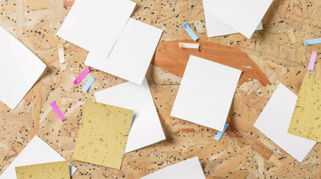 A bunch of papers with sticky notes on them are scattered around, AIの素材