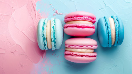 Three macarons are arranged on a blue and pink background, AIの素材