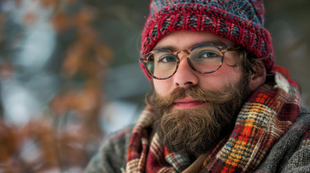 A man with a beard and glasses wearing a knit hat, AIの素材
