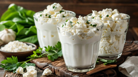 Three glasses of cottage cheese with herbs and garnish on a cutting board, AIの素材