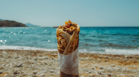 A burrito sitting on a beach with the ocean in view, AIの素材