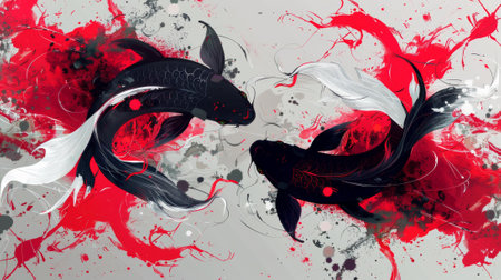 Two fish are painted in black and white with red splatters, AIの素材