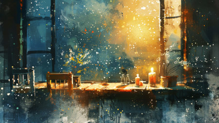 A painting of a window with candles and flowers on the table, AIの素材