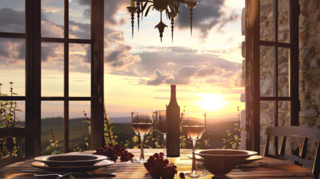 A table with wine glasses and plates on a wooden surface, AIの素材