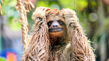 A sloth with long hair covering its face and head, AIの素材
