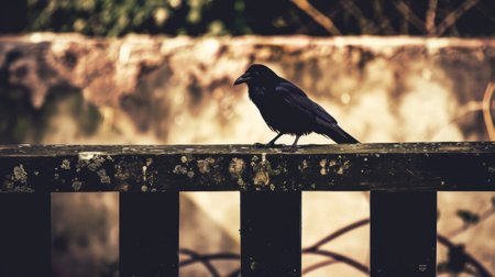 A black bird sitting on a wooden fence post, AIの素材