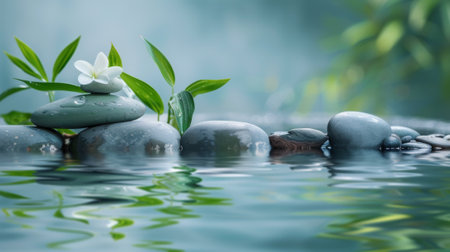 A stone rocks with a flower on top of them in the water, AIの素材