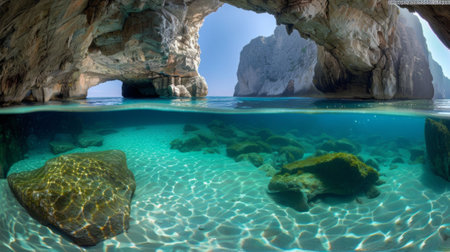 A view of a cave with rocks and water under it, AIの素材