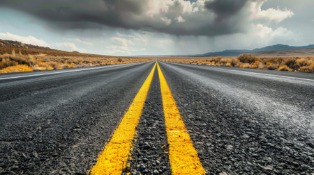 A road with yellow lines and a cloudy sky in the distance, AIの素材