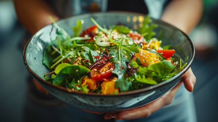 A person holding a bowl of salad with greens and tomatoes, AIの素材