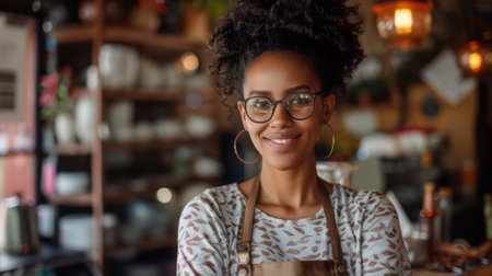 A woman with glasses and apron smiling in front of the camera, AIの素材