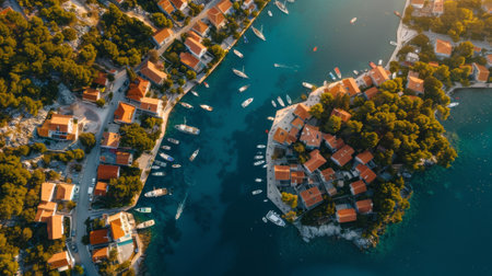 An aerial view of a small town with boats in the water, AIの素材