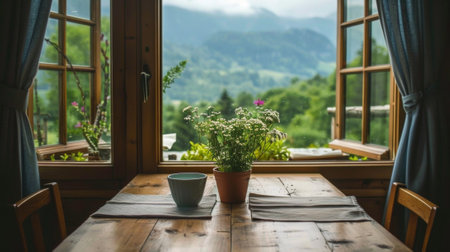 A table with a vase of flowers on it next to an open window, AIの素材