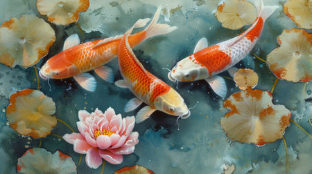 A painting of three fish swimming in a pond with lotus flowers, AIの素材