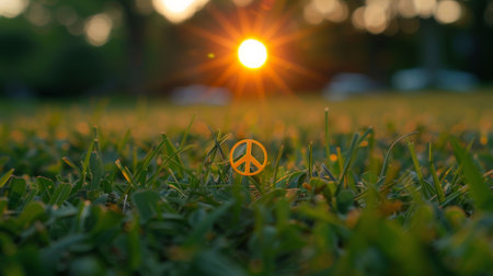 A peace sign in the grass with a sun setting behind it, AIの素材